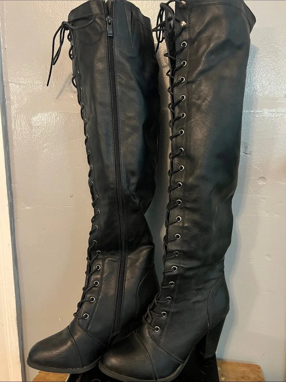 Black Lace-Up Over-the-Knee Heeled Boots